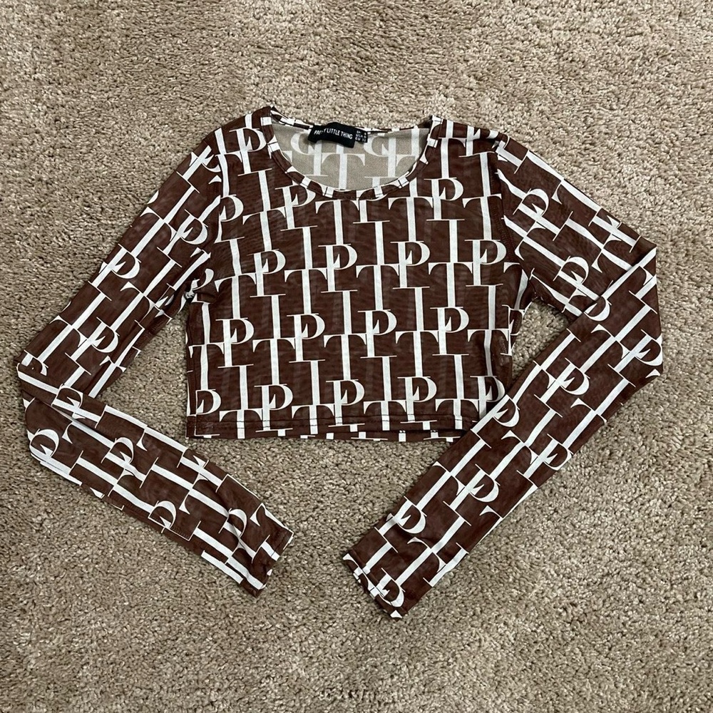PrettyLittleThing mesh long sleeve printed plt brown crop top